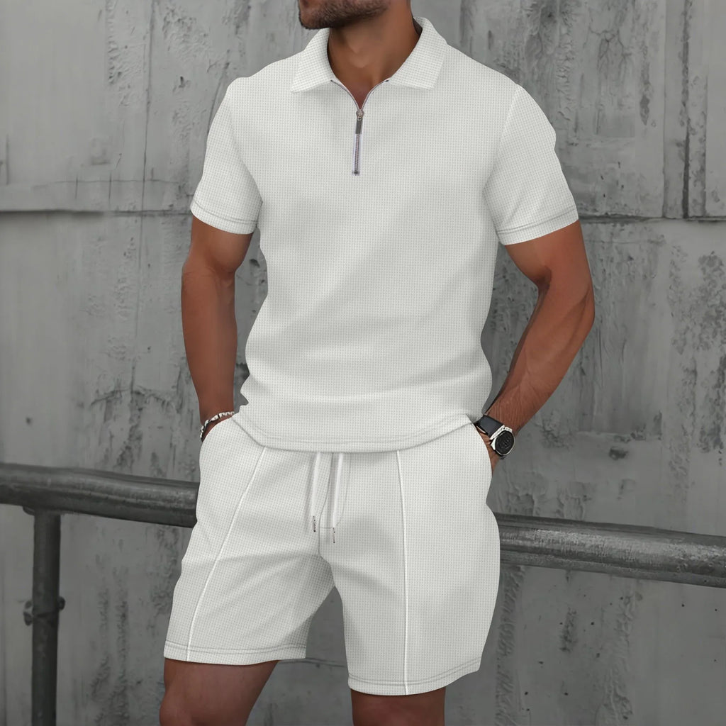 Men's Waffle Solid Color Zip Lapel Short Sleeve & Shorts Set – European Summer 2-Piece Suit