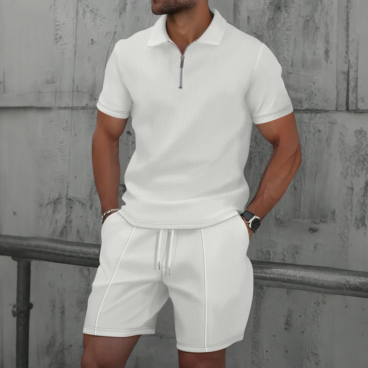 Men's Waffle Solid Color Zip Lapel Short Sleeve & Shorts Set – European Summer 2-Piece Suit