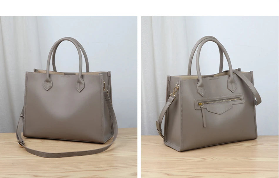 Luxury Cowhide Leather Tote Bag – Large Capacity Shoulder Bag with Laptop Compartment for Women