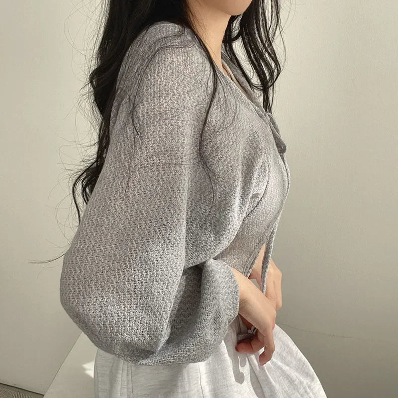 Women's Knitted Cardigan – Thin Lace-Up Lantern Sleeve Short Coat in White, Black & Gray