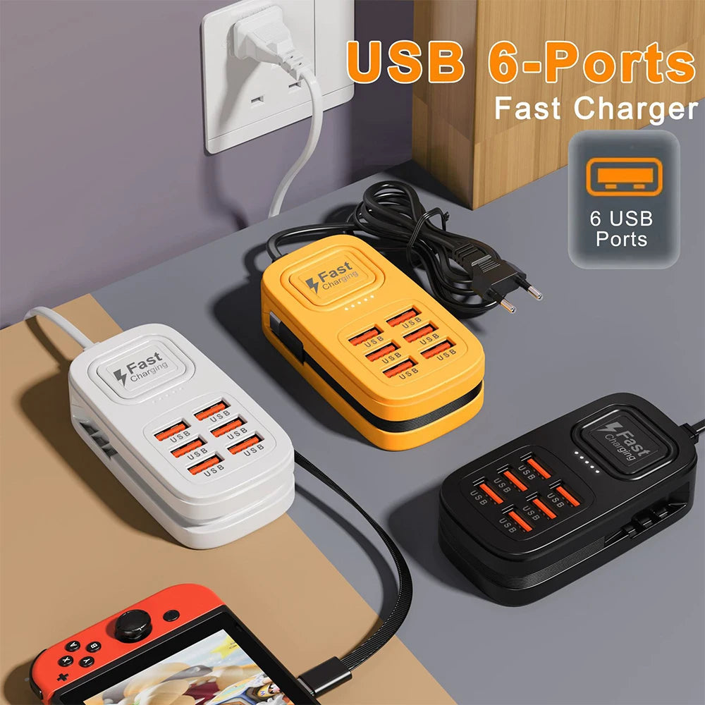 6-Port USB Fast Charging Station – 3 USB-C + 3 USB-A, Desktop Power Strip Hub, EU/UK/US Plug