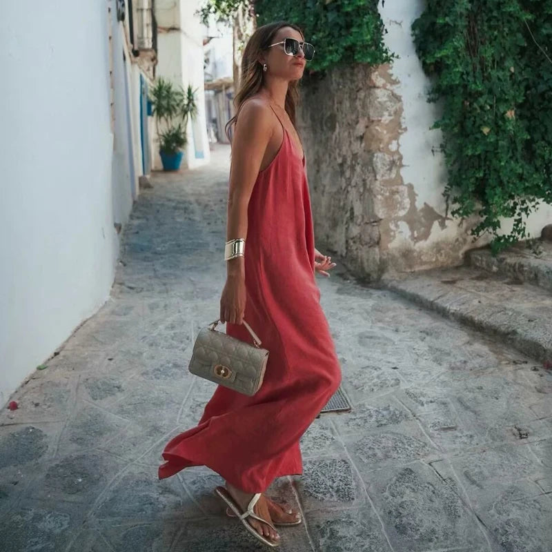 Red Backless Slip Maxi Dress — Sexy Draped Beach Party Dress