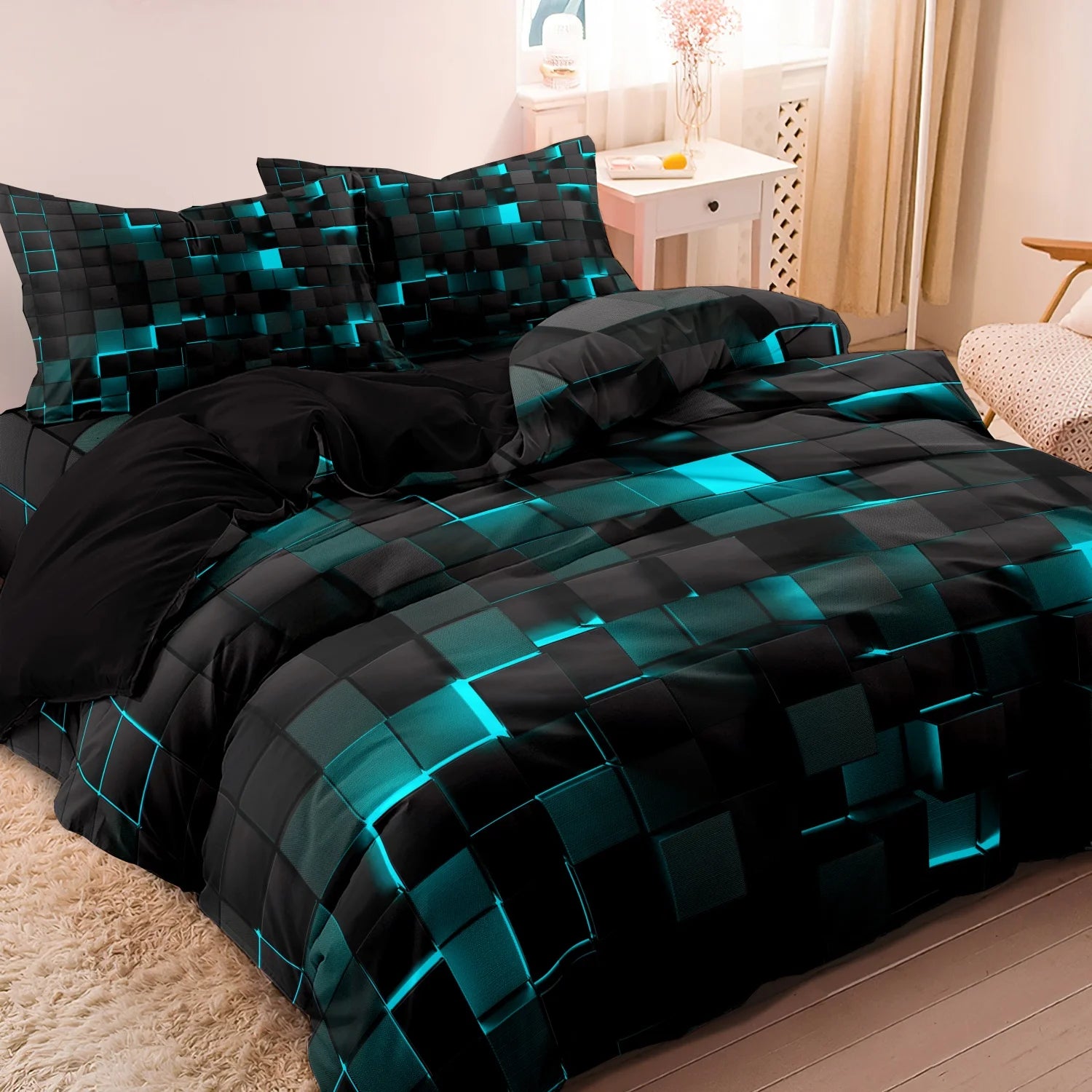 3-Piece Geometric Grid Plaid Duvet Cover Set – 1 Duvet Cover & 2 Pillowcases, Twin to King
