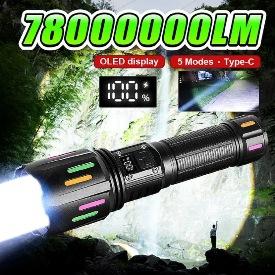 78000000LM Ultra Bright LED Flashlight – USB Rechargeable Long Range Tactical Torch