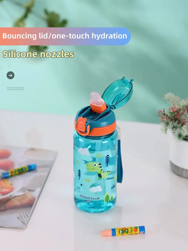 600ml Dinosaur Kids Water Bottle – BPA-Free Silicone Straw Sippy Cup, Leakproof with Carry Rope