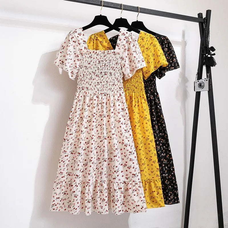 Women's Chiffon Floral Pleated Midi Dress – Short Sleeve Elastic Waist Backless Casual Dress