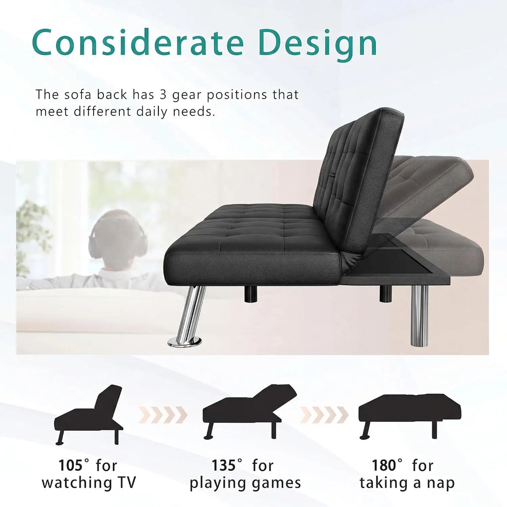Black Futon Sofa Bed with Cup Holders & Adjustable Back