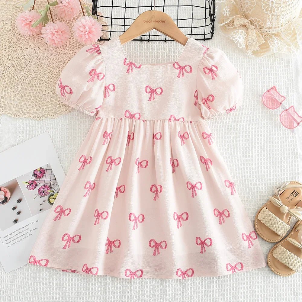 Bow Print Girls Casual Dress — Short Sleeve Sweet Summer Dress (3–7 Years)