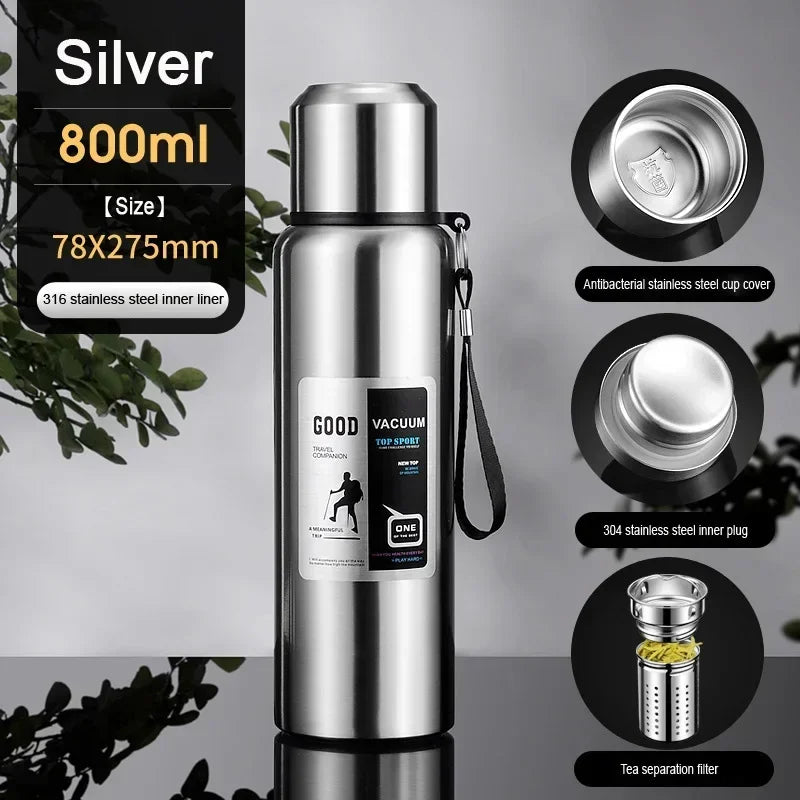 CZSAE 316 SS Vacuum Thermos Tumbler – Bullet Shape, 12–24Hr Insulated, 600ml–2000ml, Silver & Black, CE Certified