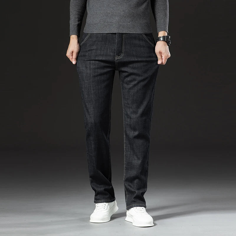 Men's Fleece-Lined Straight Denim Jeans — Warm Thick Winter Stretch Jeans