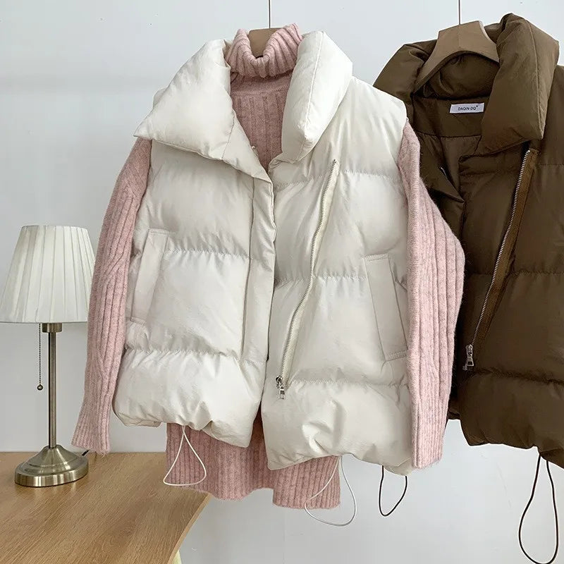 Women's Sleeveless Down Vest – Thick Zip-Up Adjustable Waist Winter Outerwear