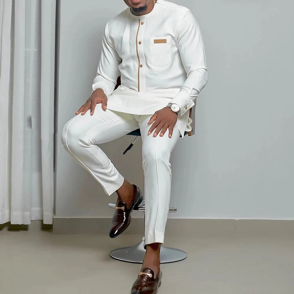 Men's African Kaunda Kaftan Long Sleeve Top & Pants 2-Piece Suit – Traditional Ethnic Wear