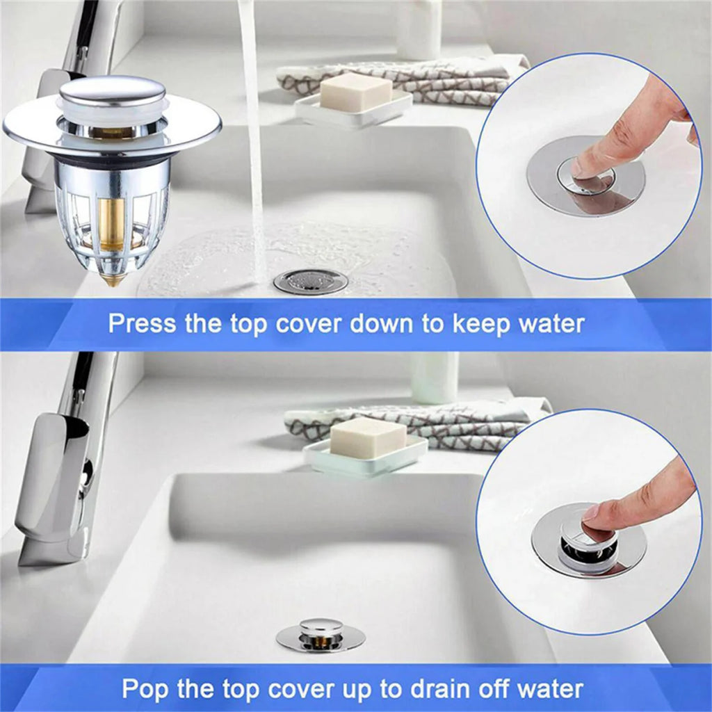 No More Clogged Drains — Pop-Up Chrome Sink Drain Stopper | Universal Rebound Filter with Hair Catcher, Easy Push Type