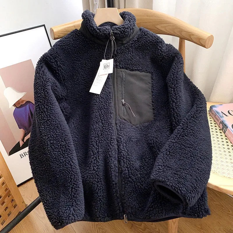 Japanese Fleece Zip Jacket – Unisex Loose Warm Lamb Wool Coat for Couples