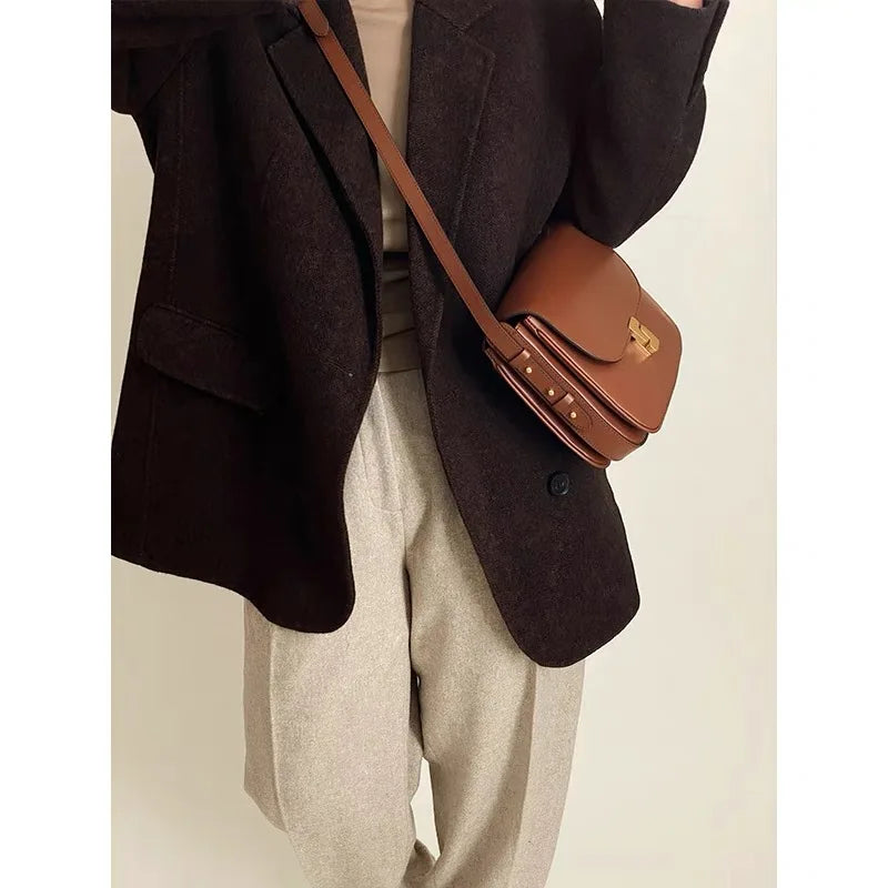 French Niche Top-Grain Genuine Leather Small Square Shoulder Bag – Luxury Crossbody Satchel for Women