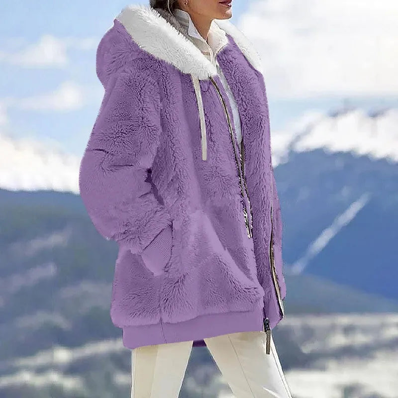 Women's Hooded Zip-Up Fleece Jacket – Loose Casual Solid Color Coat