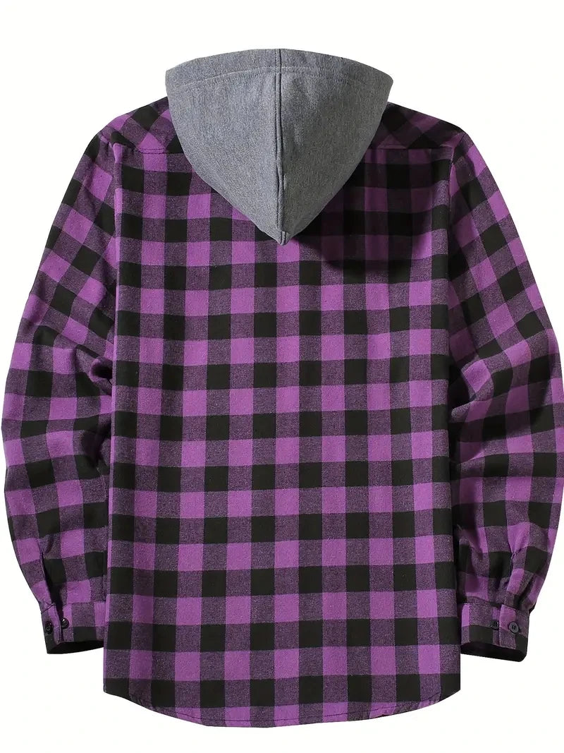Men's Hooded Plaid Shirt Jacket – Casual Long-Sleeve Layer