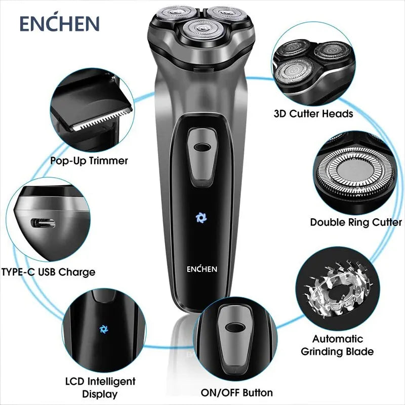 ENCHEN Blackstone 3D Rotary Electric Shaver – Type-C Fast Charge, 85-Min Runtime, Auto-Grinding Blade
