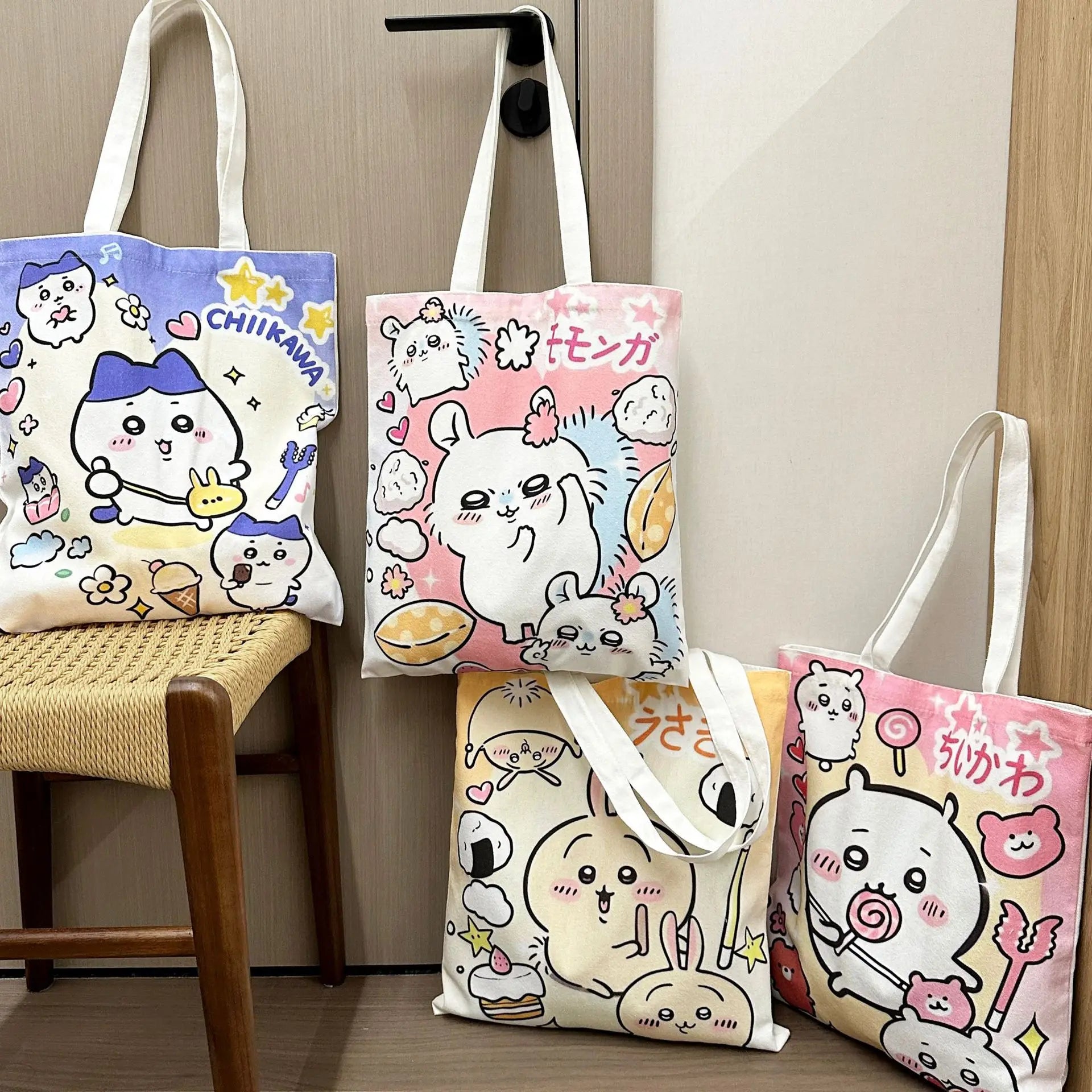 Chiikawa Hachiware Canvas Tote Bag – Large Capacity Foldable Shoulder Shopping Bag for Women