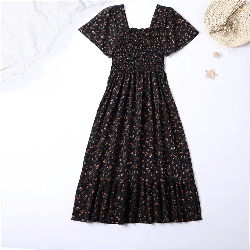 Women's Chiffon Floral Pleated Midi Dress – Short Sleeve Elastic Waist Backless Casual Dress
