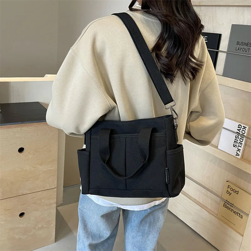 Multi-Pocket Canvas Tote Shoulder Bag – Large Capacity Commuter Shopping Handbag for Women