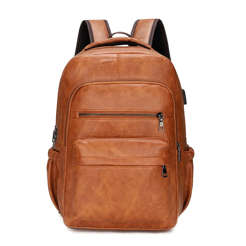 USB Charging PU Leather Laptop Backpack — Large Men's School Travel Bag