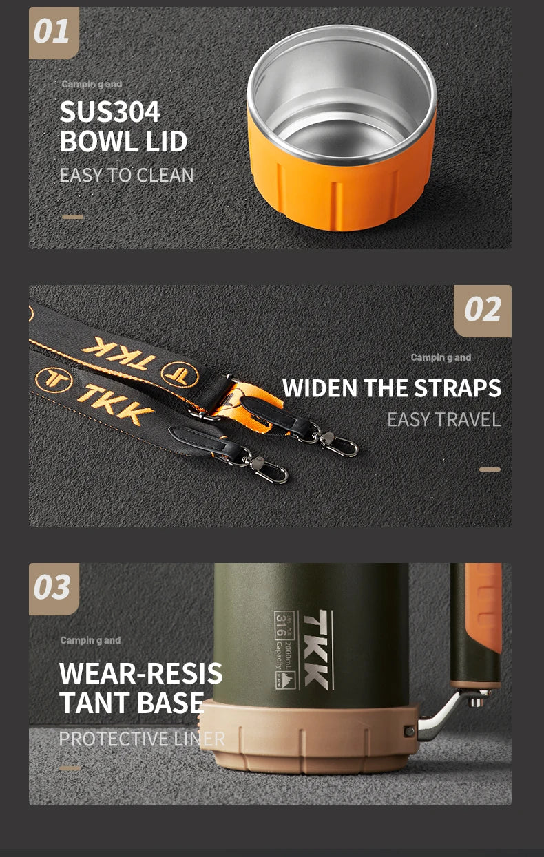 TKK 2000ml 316 SS Vacuum Thermos Flask with Rope – BPA-Free, Hot & Cold, Ergonomic Spout, 68oz Large Capacity