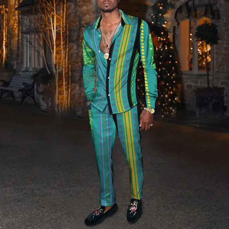Men's 3D Retro Harajuku Print Long Sleeve Lapel Shirt & Long Pants 2-Piece Set