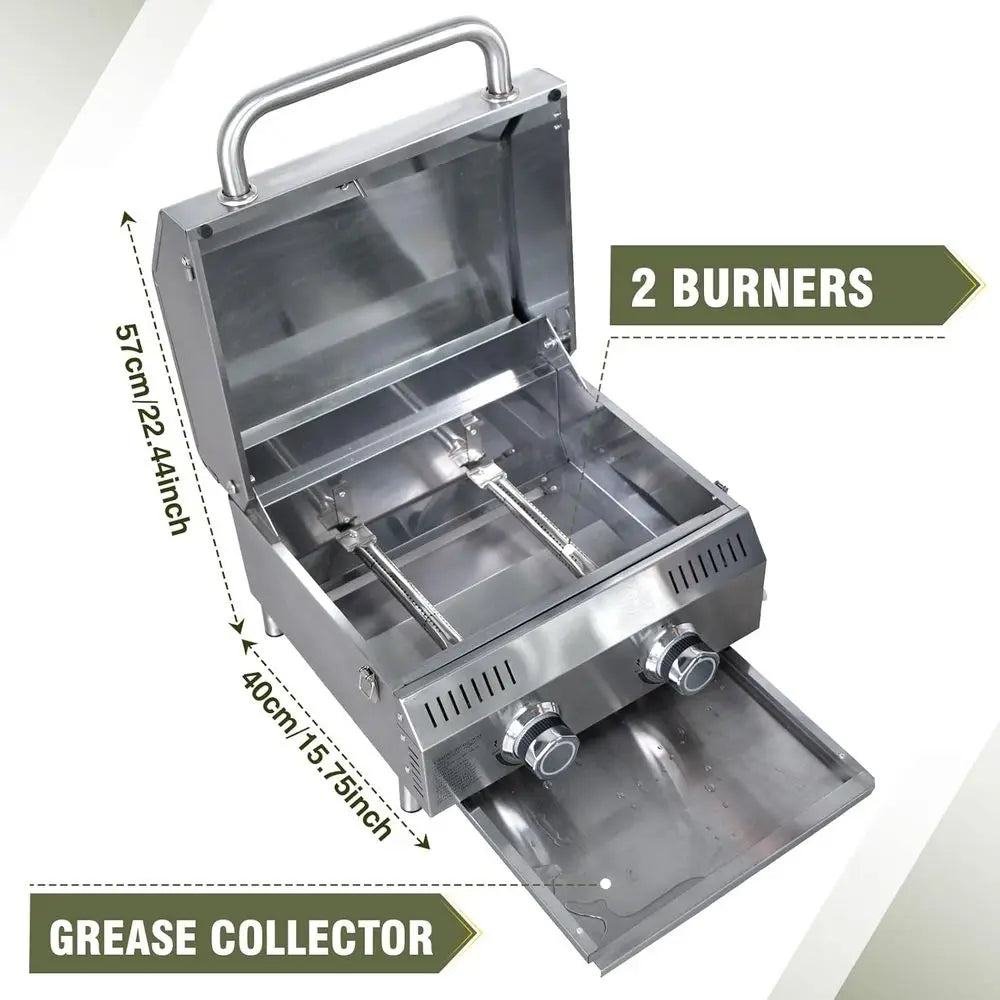 Portable 2-Burner Stainless Steel Propane Grill | 20,000 BTU, Push-Button Ignition, Built-In Thermometer, Outdoor, Camping & RV