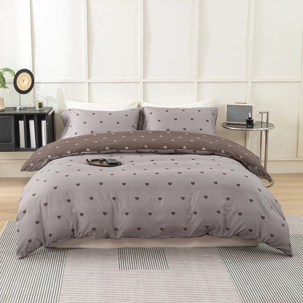 Heart Print Duvet Cover Set – Soft 3-Piece Bedding with 2 Pillowcases, 3 Colors & 11 Sizes