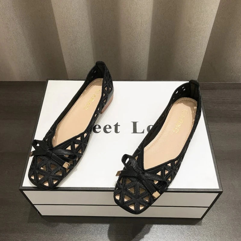 Elegant Ladies' Lace-up Bow Flat Shoes, Breathable Mesh Hollow Out Loafers, Comfortable Walking Shoes for Daily Wear
