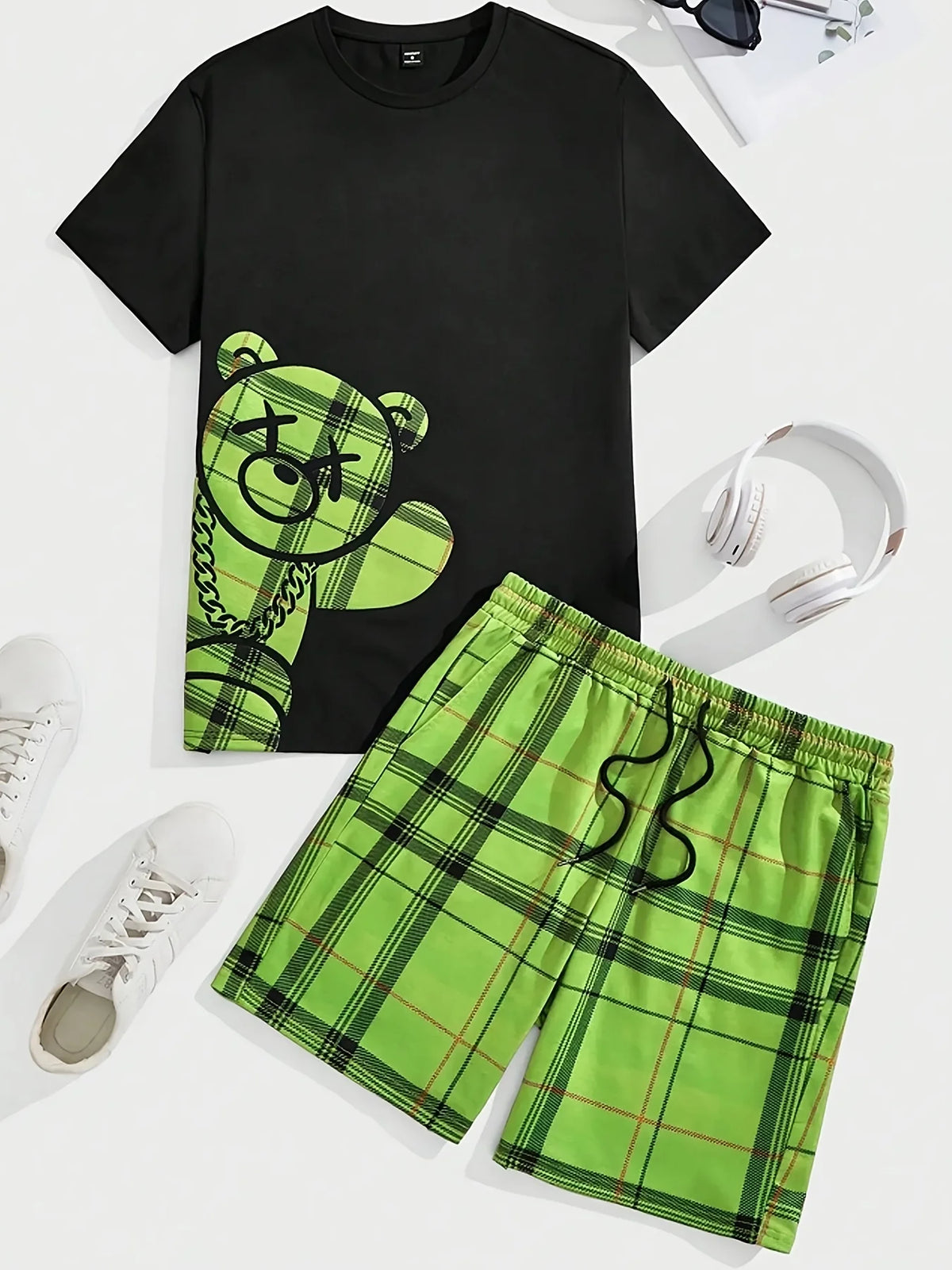 Men's Hip-Hop Bear Print Short Sleeve Sports Set – Quick-Dry 2-Piece Streetwear