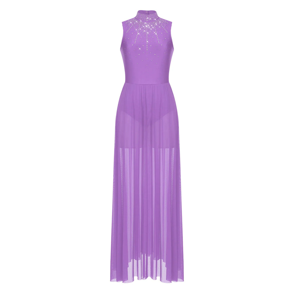 Rhinestone Maxi Sleeveless Contemporary Dance Dress — Mock Neck Wide Hemline Lyrical Leotard