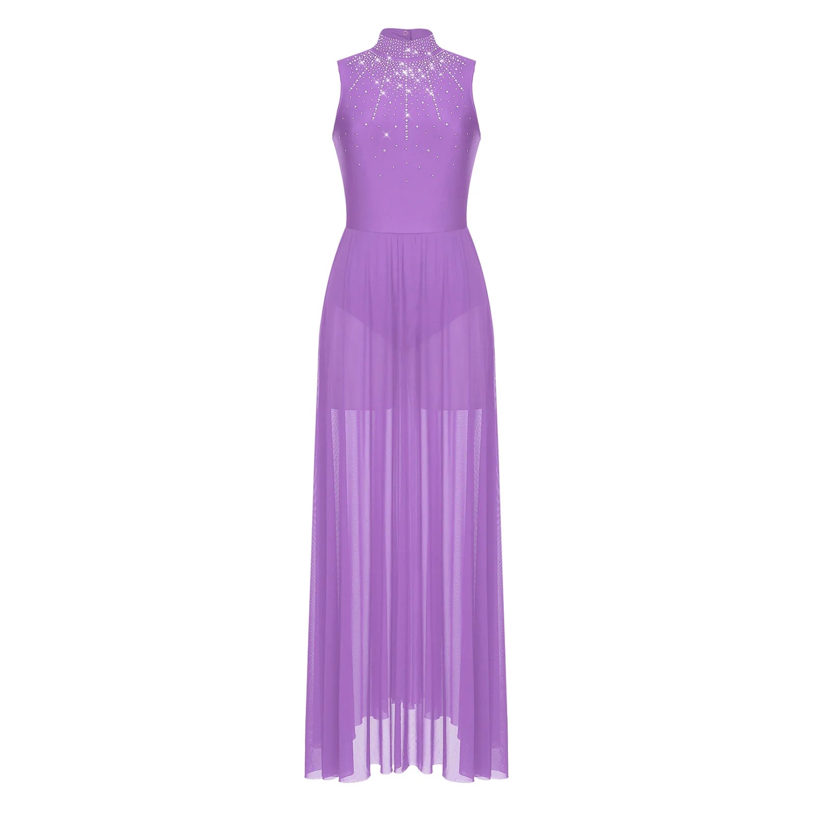 Rhinestone Maxi Sleeveless Contemporary Dance Dress — Mock Neck Wide Hemline Lyrical Leotard