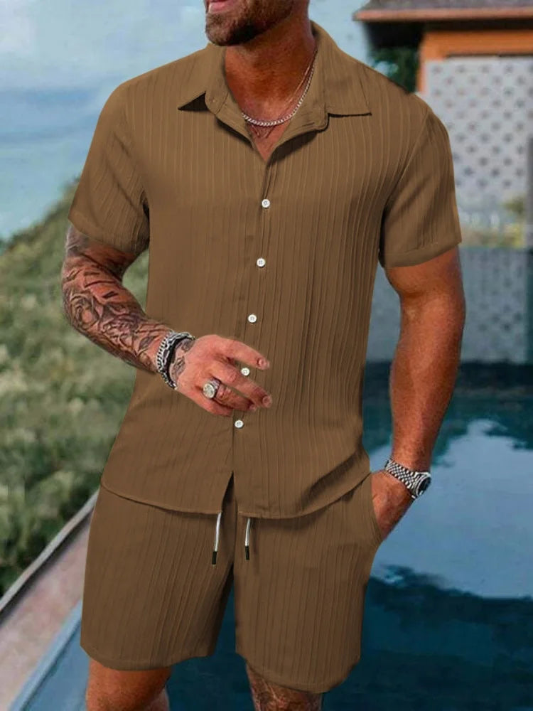 Men's Striped Collared Button-Down Shirt & Drawstring Shorts Set – Solid 2-Piece Beach