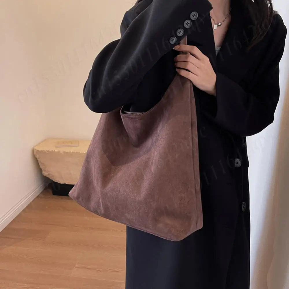 Vintage Suede Large Capacity Shoulder Tote Bag – Stylish Commuter Hobo Handbag for Women