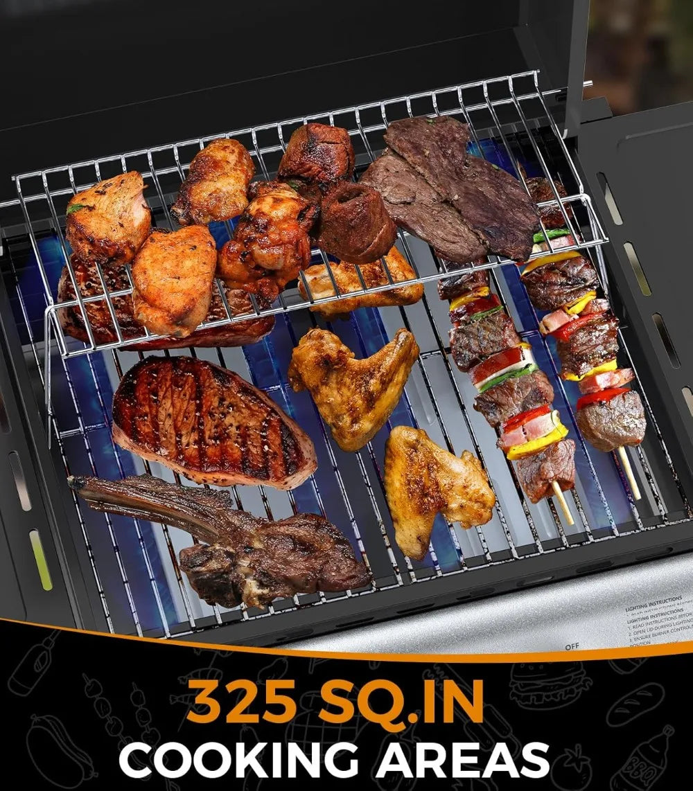 2-Burner Propane Gas BBQ Grill | 20,000 BTU, Stainless Steel, Side Shelves, Wheels, Piezo Ignition, Portable Outdoor Grill for Patio, Backyard & Camping