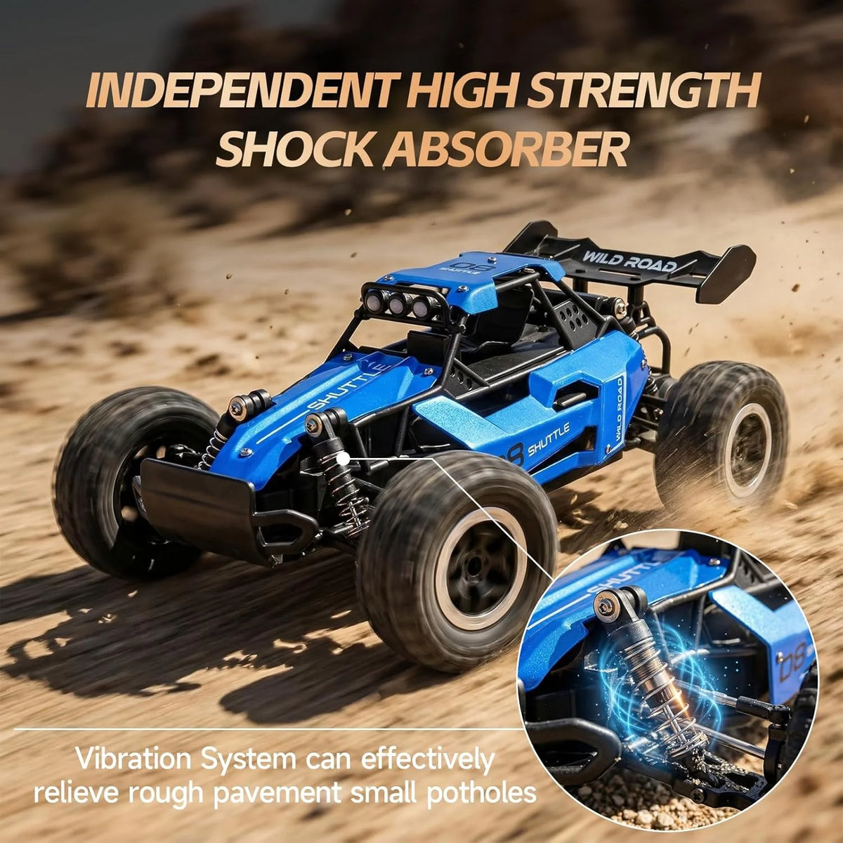 Blue and black remote control off-road truck on a dusty dirt track, with marketing text reading 'INDEPENDENT HIGH STRENGTH SHOCK ABSORBER' and a circular inset showing the suspension shock absorber detail.