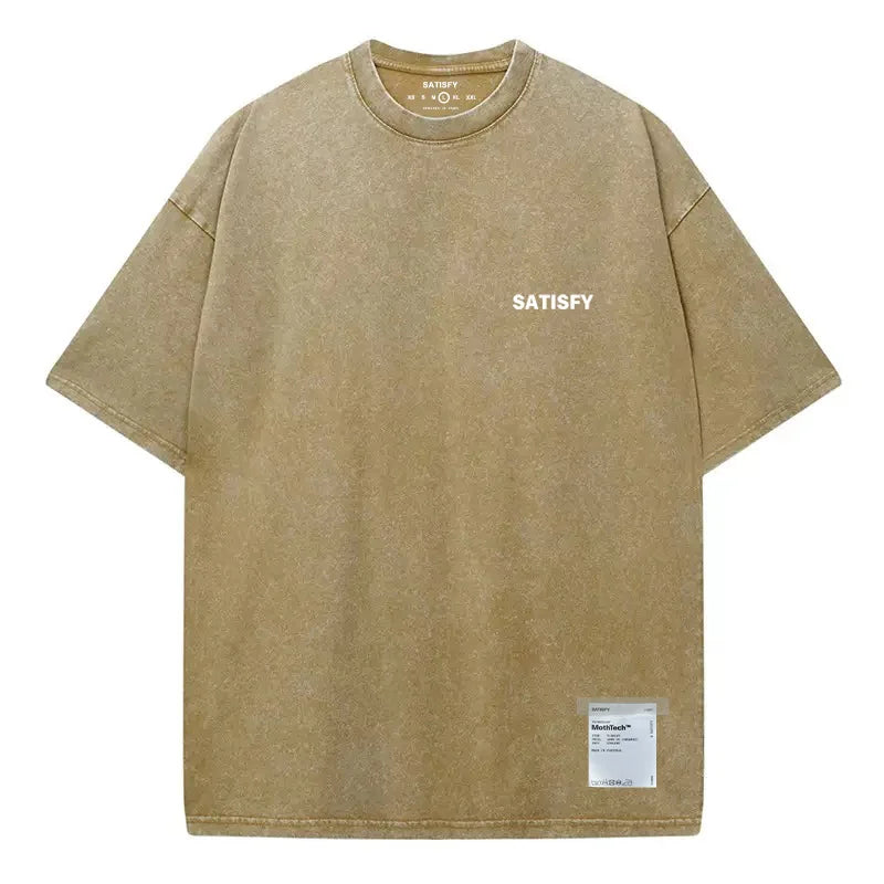 SATISFY Running MothTech Distressed Graphic T-Shirt — Loose Fit Cotton Short Sleeve Tee