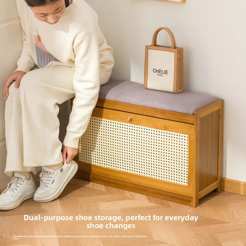 Bamboo & Wood Cushioned Shoe Stool — Entryway Bench