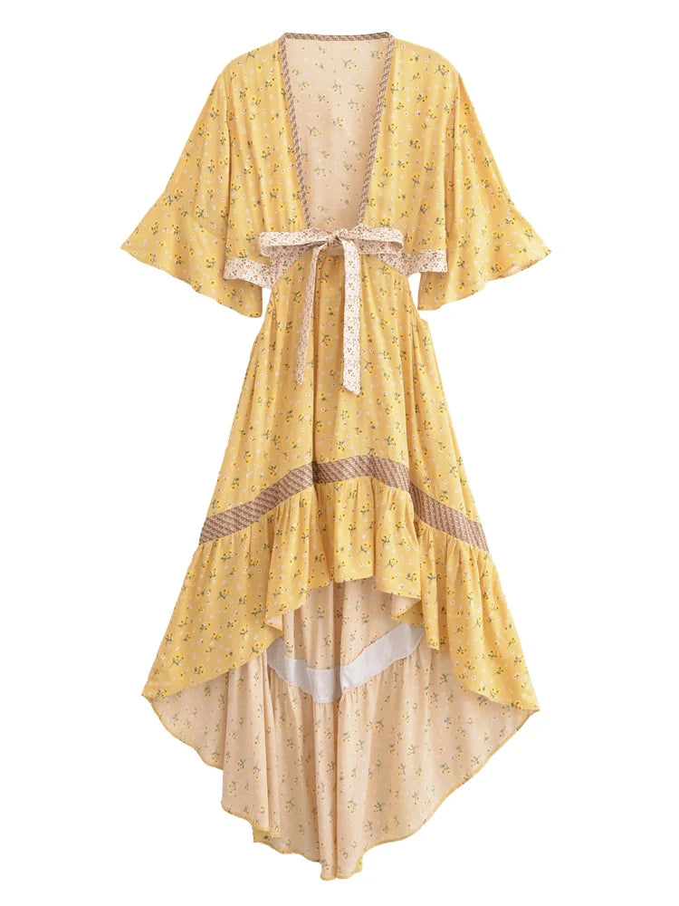 Bohemian Hollow Out Beach Dress — Short Sleeve High-Low Boho Maxi Dress