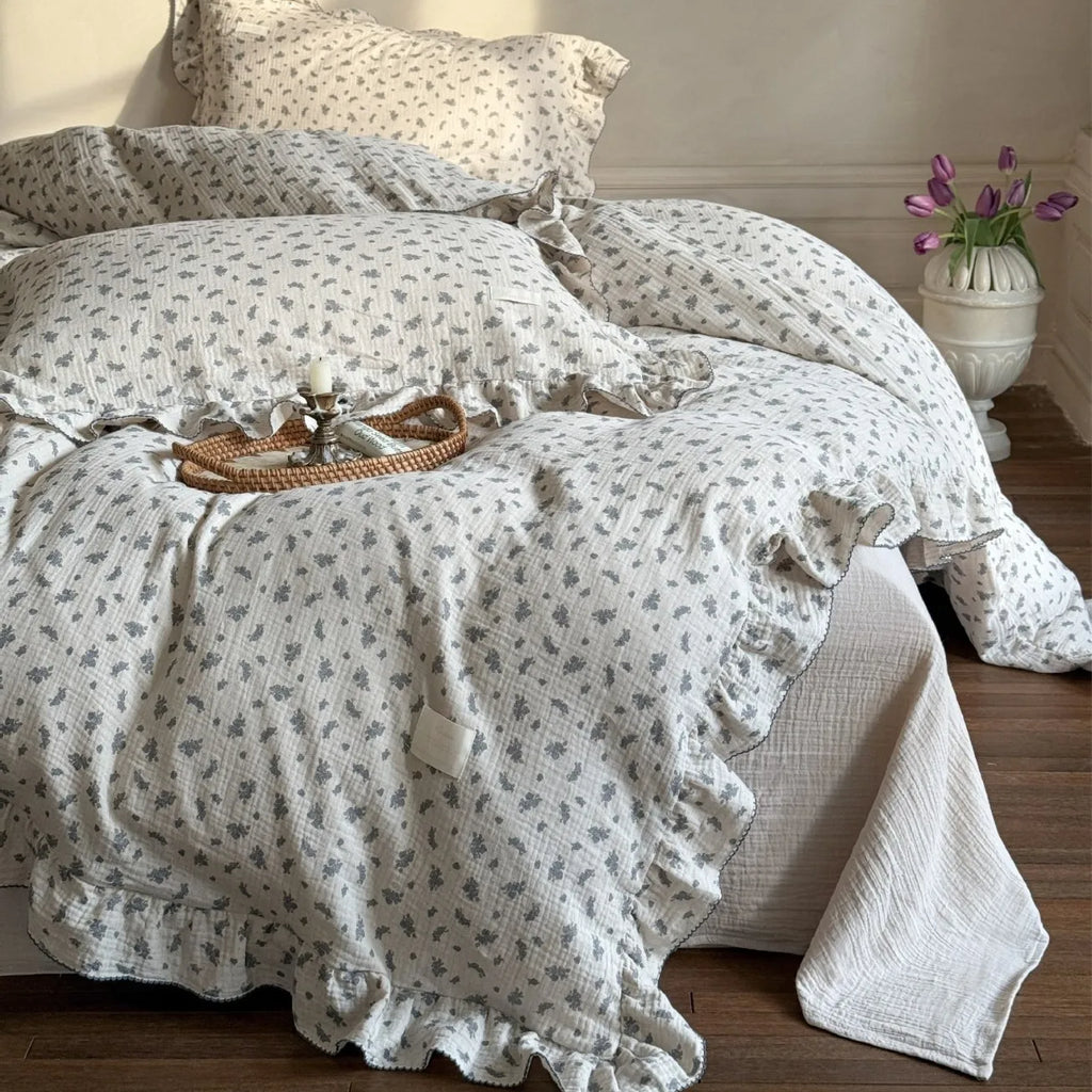 Princess Ruffle Bedding Set – 100% Cotton Gauze Duvet Cover with Pillowcases, Floral, 3-Piece
