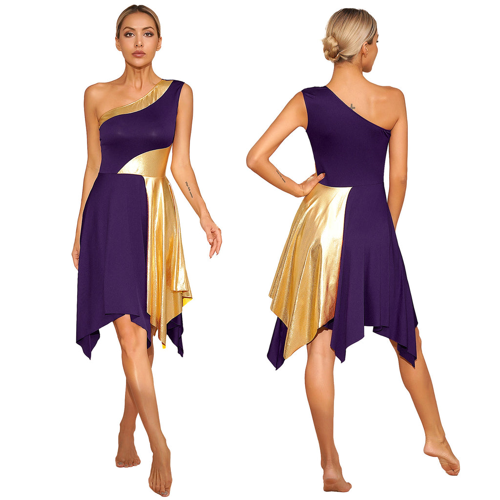 One Shoulder Irregular Hem Dance Performance Dress — Lyrical Worship Dancewear Costume