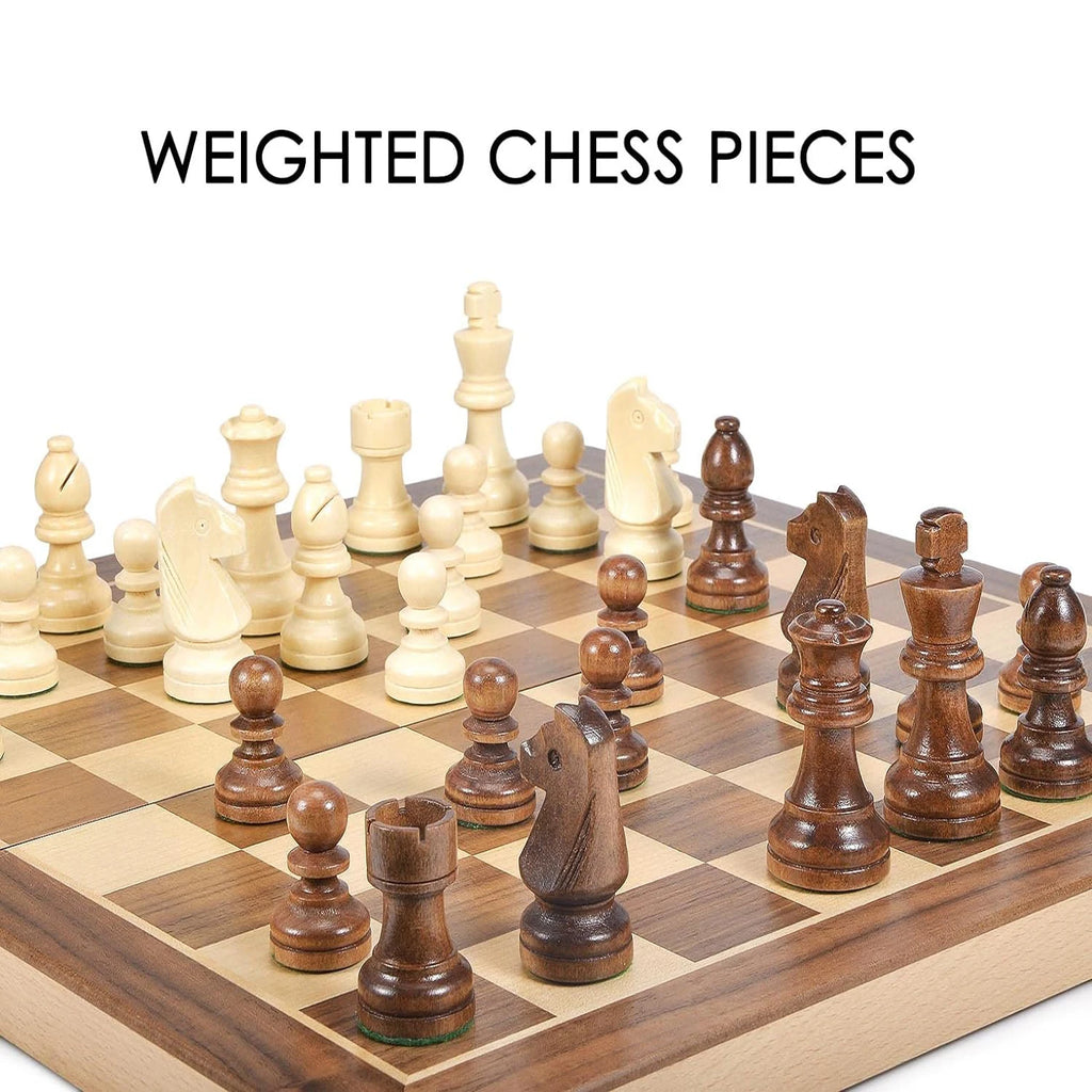 15-Inch Wooden Chess & Checkers Set – 2-in-1 Classic Board Game, Weighted Pieces, 2 Extra Queens & 24 Checkers