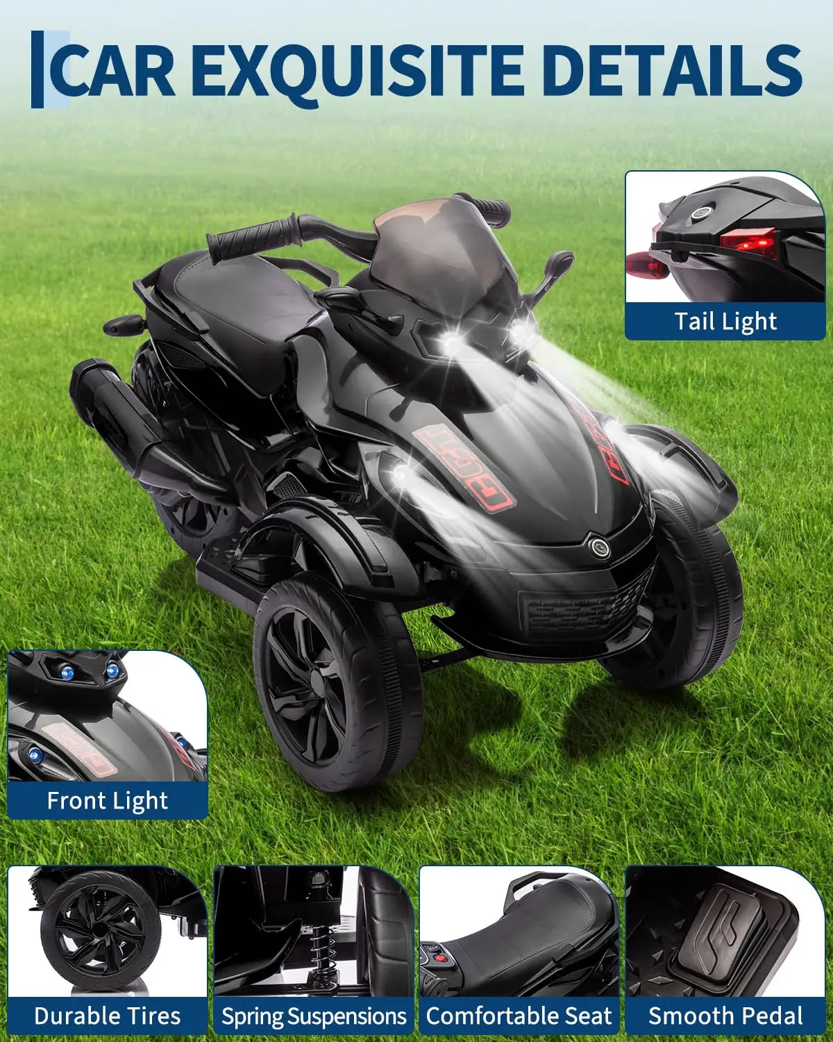 12V Kids Ride-On Car – Three-Wheel Electric Toy with Lights