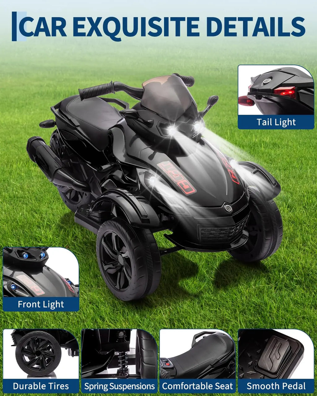12V Kids Ride-On Car – Three-Wheel Electric Toy with Lights