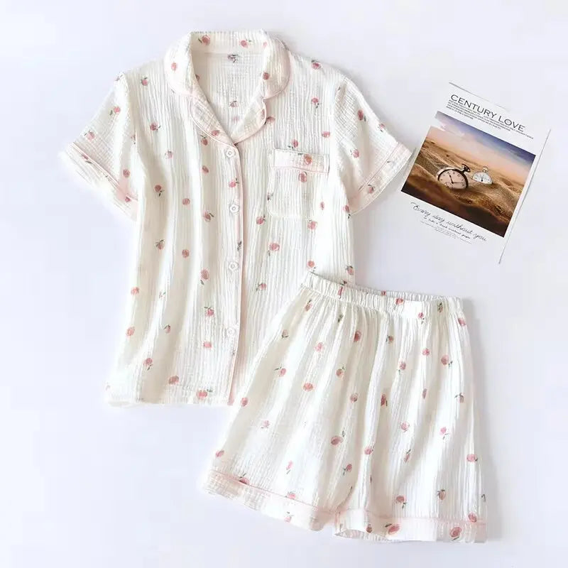 Women's 100% Cotton Short Sleeve Shorts Pajamas Set | Thin Crepe Cloth Spring Autumn Loose Homewear
