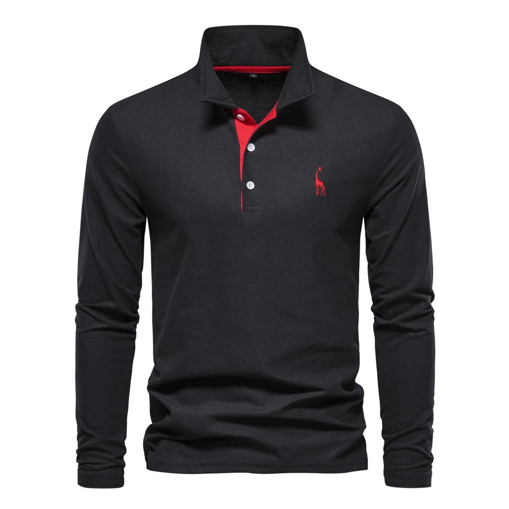 Men's Deer Embroidery Long Sleeve Polo Shirt — Luxury Detail Casual Polo