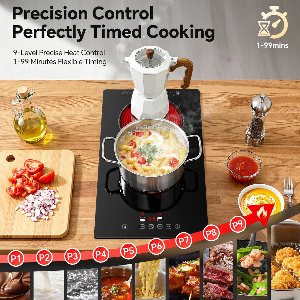 2-Zone Ceramic Hob – 3000W, Child Lock, 9 Heat Levels, 1-99 Min Timer, 60cm Black Glass (CE Certified)