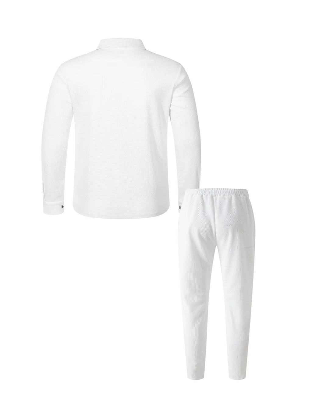 Men's Waffle Knit Button-Down Long Sleeve Jacket & Pants Set – Plain Color Casual Suit